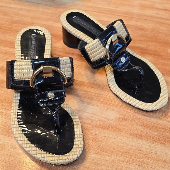 BCBGMaxAzria Shoes - Black Patent Leather and Straw Heeled Sandal Thong